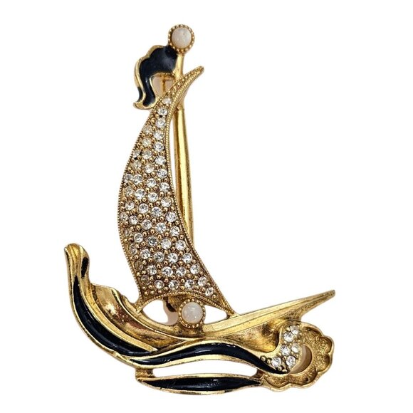 1928 Brand Sail Boat Brooch Clear Rhinestone Blue Enamel Vintage Pin - Picture 2 of 8